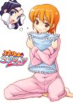  00s 2girls blush brown_eyes cure_white frilled_pillow frills futari_wa_precure hug imagining magical_girl misumi_nagisa multiple_girls orange_hair pajamas pillow precure thinking white_background yukishiro_honoka yuri 