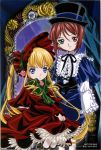  00s 2girls blonde_hair blue_dress blue_eyes bonnet bow bowtie brown_hair capelet doll dress flower frills green_eyes hair_between_eyes hands_together hat heterochromia kasugai_hiroyuki long_hair long_sleeves looking_at_viewer multiple_girls red_dress red_eyes rose rozen_maiden serious shinku short_hair sleeves_past_wrists souseiseki top_hat v_arms 