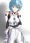  1girl arm_support ayanami_rei bangs blue_hair bodysuit bracer breasts dated gloves hair_ornament looking_at_viewer neon_genesis_evangelion number parted_lips plugsuit red_eyes short_hair sitting solo turtleneck 
