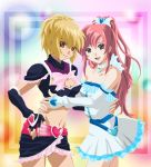  2girls bare_shoulders blonde_hair blue_eyes bow breasts brown_eyes cagalli_yula_athha choker cleavage collar cosplay crop_top cure_black cure_black_(cosplay) cure_white cure_white_(cosplay) detached_sleeves dress elbow_gloves fingerless_gloves futari_wa_precure gloves grey_eyes gundam gundam_seed half_updo hand_on_hip heart hips lacus_clyne long_hair magical_girl midriff multiple_girls panties pantyshot parody pink_hair ponytail precure redhead short_hair skirt smile strapless strapless_dress underwear white_panties 