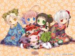  00s 4girls ahoge bell bell_collar binzume_yousei black_hair blonde_hair blue_eyes bottle_fairy bow chiriri collar floral_background green_eyes grey_hair hair_bow hair_bun hair_ornament hororo japanese_clothes kururu_(bottle_fairy) multiple_girls oboro_(binzume_yousei) oboro_(bottle_fairy) pink_hair red_eyes sarara tokumi_yuiko triangle_mouth wallpaper yellow_eyes 