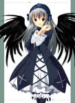  00s 1girl :d black_wings blush cross dress flower frilled_sleeves frills gothic_lolita hairband hands_together inverted_cross lolita_fashion lolita_hairband long_hair long_sleeves looking_at_viewer open_mouth red_eyes rose rozen_maiden silver_hair smile solo suigintou wings 