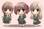  00s 3girls :o blonde_hair blush brown_eyes brown_hair chibi fukuzawa_yumi green_skirt hands_together long_hair long_sleeves looking_at_viewer maria-sama_ga_miteru multiple_girls neckerchief open_mouth sailor_collar school_uniform serafuku shimazu_yoshino skirt smile toudou_shimako v_arms very_long_hair 