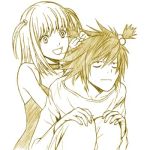 1boy 1girl amane_misa bags_under_eyes death_note hair_bobbles hair_ornament l_(death_note) lowres monochrome yellow you_gonna_get_raped 