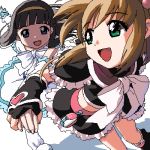  2girls aliasing artist_request card_captor_sakura child cosplay cure_black cure_black_(cosplay) cure_white cure_white_(cosplay) daidouji_tomoyo futari_wa_precure kinomoto_sakura lowres multiple_girls oekaki parody precure simple_background white_background 