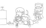  2k-tan 3girls ahoge chibi controller drinking_straw eating food fruit game_console game_controller glass glasses lineart me-tan monochrome multiple_girls os-tan playing_games popcorn television thigh-highs video_game watermelon white_background xp-tan 