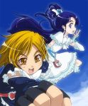  00s 2girls blonde_hair brown_eyes brown_hair cure_black cure_white earrings futari_wa_precure half_updo jewelry long_hair magical_girl misumi_nagisa multiple_girls precure purple_hair short_hair violet_eyes yukishiro_honoka 