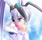  1girl aizawa_kotarou animal_ears blue_hair blush muvluv purple_hair rabbit_ears snow snowing solo twintails violet_eyes yashiro_kasumi 