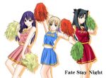  3girls black_hair blonde_hair cheerleader clothes_writing fate/stay_night fate_(series) green_eyes long_hair matou_sakura multiple_girls pom_poms purple_hair saber tohsaka_rin tosibow 