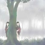  2girls aya_(mushishi) black_eyes black_hair fog grass ito_(mushishi) japanese_clothes kashmir kimono long_hair looking_at_viewer multiple_girls mushishi nature outdoors plant pond sash smile standing tree under_tree water 