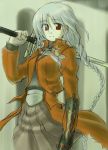  1girl archerko braid colored fate/stay_night fate_(series) gauntlets himura_kiseki holding jacket long_hair looking_at_viewer open_mouth over_shoulder red_eyes red_jacket silver_hair sketch solo sword weapon weapon_over_shoulder 