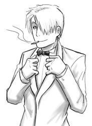  007 1boy cigarette crossover formal ginko hair_over_one_eye james_bond james_bond_(series) lowres male_focus monochrome mushishi parody smile smoking solo suit 