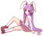  1girl animal_ears female long_hair purple_hair rabbit_ears red_eyes reisen_udongein_inaba school_uniform simple_background sitting skirt solo touhou 