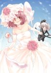  2girls bare_shoulders bouquet bride choker dress elbow_gloves female flower formal gloves kokono_coco konpaku_youmu konpaku_youmu_(ghost) multiple_girls pant_suit saigyouji_yuyuko strapless strapless_dress suit touhou tuxedo wedding wedding_dress wife_and_wife yuri 