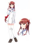  00s 1girl apron brown_hair full_body hair_ornament hair_ribbon hairclip hand_on_own_chest head_tilt konami konami_(popotan) loafers long_hair looking_at_viewer low-tied_long_hair popotan red_eyes ribbon shoes sidelocks simple_background skirt smile solo standing thigh-highs tied_hair very_long_hair white_background zettai_ryouiki 