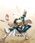  1girl ahoge akari_maki armor armored_dress blonde_hair caliburn dress dual_wielding duplicate excalibur fate/stay_night fate_(series) faulds gauntlets greaves green_eyes hair_ribbon mouth_hold one_eye_closed ribbon saber solo sword weapon 