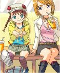  2girls against_wall arika_yumemiya belt bench black_legwear black_skirt boots braid brown_hair casual cup drinking drinking_straw green_eyes hat jacket jewelry knee_boots kneehighs lavender_eyes long_sleeves looking_at_viewer looking_to_the_side lowres multiple_girls my-otome necklace one_leg_raised open_clothes open_jacket over-kneehighs pencil_skirt pendant shoe_soles short_hair single_braid sitting skirt sleeves_past_wrists thigh-highs tokiha_mai window zettai_ryouiki 