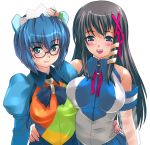  2girls 2k-tan :d bare_shoulders blue_eyes blue_hair blush breasts brown_hair cowboy_shot detached_sleeves erect_nipples glasses hair_ornament hairpin hat large_breasts multiple_girls open_mouth os-tan see-through shirt simple_background sleeveless sleeveless_shirt smile teeth upper_body white_background xp-tan 