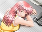  1girl aoi_kyouka closed_eyes corded_phone game_cg happy long_hair meshimase_idol phone redhead shadow_(artist) sleeping sleeveless smile solo table 