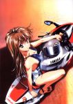  1girl 90s blue_eyes breasts brown_hair cleavage feet from_above ground_vehicle highres kawarajima_kou long_hair motor_vehicle motorcycle nail_polish one-piece_swimsuit pink_nails sandals smile solo swimsuit toenail_polish vehicle 