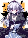  00s 1girl breasts cleavage dress feathers lace large_breasts mini_wings open_mouth red_eyes ribbon rozen_maiden shinshin silver_hair solo suigintou 