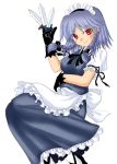  1girl apron between_fingers black_gloves braid female gloves izayoi_sakuya knife looking_at_viewer maid maid_apron mirato puffy_short_sleeves puffy_sleeves red_eyes short_sleeves simple_background smile solo throwing_knife touhou twin_braids weapon white_background 