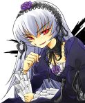  00s 1girl :d black_wings dress flower frilled_sleeves frills gofu hairband lolita_hairband long_sleeves looking_at_viewer open_mouth purple_dress red_eyes rose rozen_maiden simple_background smile solo suigintou upper_body white_background wings 