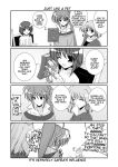  3girls 4koma book comic doujinshi hard_translated lyrical_nanoha mahou_shoujo_lyrical_nanoha mahou_shoujo_lyrical_nanoha_a&#039;s mikage_takashi monochrome multiple_girls ponytail shamal signum translated wheelchair yagami_hayate 