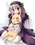  00s 1girl ahoge bad_anatomy black_wings dress hairband holding kunkun long_hair poorly_drawn rozen_maiden silver_hair simple_background sitting solo stuffed_animal stuffed_toy suigintou wings 