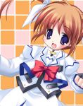  00s 1girl :d blue_eyes blush bow bowtie brown_hair fingerless_gloves gloves hair_ribbon long_sleeves looking_at_viewer lyrical_nanoha magical_girl mahou_shoujo_lyrical_nanoha ogawa_shizuka open_mouth orange_background red_bow redhead ribbon simple_background smile solo takamachi_nanoha twintails uniform upper_body violet_eyes 
