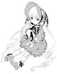  00s 1girl ankle_ribbon bonnet doll_joints drill_hair full_body hug kunkun long_hair miharu_(artist) miharu_(ttt) monochrome pigeon-toed ribbon rozen_maiden shinku shoes sitting solo stuffed_animal stuffed_toy very_long_hair 