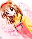  1girl apron brown_hair hairband kanna_(plum) kanon open_mouth pink_apron red_eyes smile solo tsukimiya_ayu 