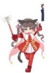  1boy 1girl animal_ears brown_hair cat_ears cat_tail closed_eyes elbow_gloves fate/hollow_ataraxia fate/stay_night fate_(series) gloves hair_ribbon kaleido_ruby kaleidostick kotomine_kirei parody peeking_out red_gloves ribbon tail thigh-highs tohsaka_rin twintails 