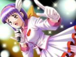  1girl blazer bow dutch_angle game_cg gloves gradient gradient_background hair_bow hair_ornament hairband idol long_hair meshimase_idol microphone music orange_eyes pinky_out pointing purple_hair shadow_(artist) singing skirt solo sparkle tsukikusa_megumi 