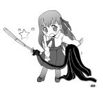  1girl angra_mainyu bokken dark_matou_sakura dark_sakura fate/stay_night fate_(series) hota matou_sakura monochrome pantyhose sword weapon wooden_sword 