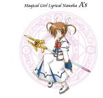  1girl blue_eyes blush boots bow brown_hair copyright_name fingerless_gloves full_body gloves hair_ribbon looking_at_viewer lyrical_nanoha magazine_(weapon) magic_circle magical_girl mahou_shoujo_lyrical_nanoha mahou_shoujo_lyrical_nanoha_a&#039;s polearm raising_heart red_bow redhead ribbon sitting skirt smile solo takamachi_nanoha twintails violet_eyes weapon yukino_kou 