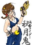  1girl ahoge akizuki_ritsuko antenna_hair armpits belt braid breasts brown_eyes brown_hair choker cool_&amp;_sexy_(idolmaster) cosplay earrings glasses gun handgun horns idolmaster jewelry kamen_rider kamen_rider_hibiki kamen_rider_hibiki_(series) kamen_rider_ibuki navel necklace oni pistol simple_background smile solo twin_braids weapon 