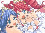  2girls :d bare_shoulders bell blue_eyes blue_hair blush choker detached_sleeves dress drill_hair earrings fine fushigiboshi_no_futago_hime fushigiboshi_no_futago_hime_gyu hand_holding interlocked_fingers jewelry maybe multiple_girls open_mouth redhead rein simple_background smile strapless strapless_dress tiara twin_drills white_background white_dress wrist_cuffs 