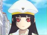  1girl aria bangs black_hair blunt_bangs crossover enma_ai hat hime_cut jigoku_shoujo long_hair looking_at_viewer parody photoshop red_eyes solo staring upper_body 