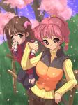  2girls blush braid brown_eyes brown_hair can cherry_blossoms drink fence grass multiple_girls original pink_eyes pink_hair smile striped sweater tagme tree tsujizen turtleneck twin_braids vest 