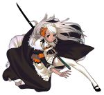  1girl aqua_eyes battoujutsu_stance blue_eyes capelet combat_maid fighting_stance high_heels looking_at_viewer maid maid_headdress one_knee original ready_to_draw ribbon sakamoto_mineji solo squatting sword thigh-highs weapon white_background white_hair white_legwear 