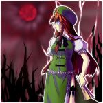  1girl blue_eyes braid chinese_clothes collared_shirt cowboy_shot female hat hong_meiling index_finger_raised kunai long_hair moon neck_ribbon outdoors puffy_short_sleeves puffy_sleeves red_moon redhead ribbon shirt short_sleeves side_glance side_slit solo star tangzhuang touhou twin_braids weapon 