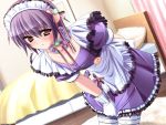  1boy 90s akiyama_naoto bed blush brown_eyes choker dress game_cg gloves leaning_forward maid male_focus murakami_suigun pia_carrot_(series) pia_carrot_e_youkoso!! pia_carrot_e_youkoso!!_g.o. purple_hair solo tears thigh-highs trap waitress yaegashi_kanae yaegashi_kanae_(cosplay) 