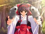  1girl aiming_at_viewer black_hair blue_eyes bow dual_wielding festa!!_hyper_girls_pop fingerless_gloves game_cg gloves gun hagiwara_onsen hair_bow hair_ribbon hairband hakama handgun hands_on_hips holding holding_gun holding_weapon japanese_clothes kuonji_rin kuonzi_rin long_hair miko outdoors pistol red_hakama ribbon sad sidelocks solo tree weapon 