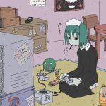  1girl aliasing chair futaba_channel game_console gamecube indoors iya_maid lowres maid marimo neji_(futaba) oekaki on_floor open_mouth playing_games pocky seiza sitting table television video_game 