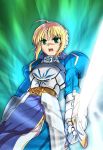  1girl armor armored_dress blonde_hair dress excalibur fate/stay_night fate_(series) g-tetsu glowing glowing_sword glowing_weapon green_eyes puffy_sleeves saber solo sword weapon 