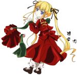  00s 1girl blonde_hair blue_eyes bonnet full_body hat hat_removed headwear_removed ixy long_sleeves looking_at_viewer mary_janes rozen_maiden shinku shoes simple_background solo white_background 