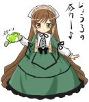  00s 1girl blush brown_hair chaba chaba_(chabanyu) dress elephant green_eyes hat heterochromia long_hair lowres red_eyes rozen_maiden solo straightchromia suiseiseki translation_request very_long_hair watering_can 