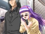  1boy 1girl arm_hug black_hair closed_eyes couple formal frown game_cg hairband happy hetero jpeg_artifacts long_hair meshimase_idol necktie outdoors purple_hair shadow_(artist) sleeves_pushed_up suit sunglasses sweater tsukikusa_megumi 