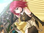  1girl city cityscape cross dutch_angle elbow_gloves fingerless_gloves game_cg gloves jewelry kannatsuki_noboru maou_to_odore! necklace redhead short_hair sitting solo wicca_amurita wind yellow_eyes 